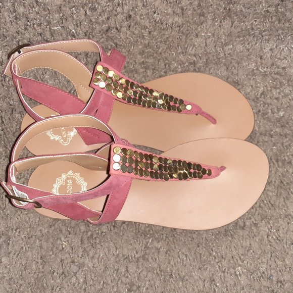 ECOTE-UO-ANTHRO-Red Suede Thong Strappy Studded Flat Sandals-Sz 7-Near Mint - Picture 5 of 6